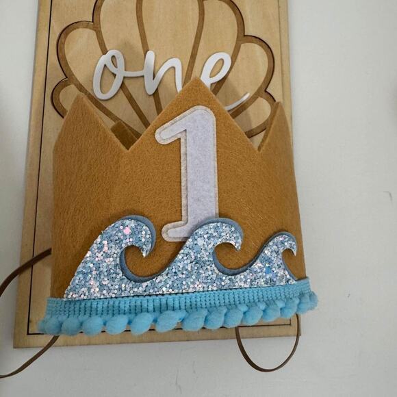 First Birthday Ocean Wave Crown & Seashell Cake Topper - Picture 3 of 3